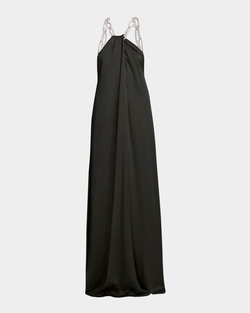 Chain Embellished Halter Satin Maxi Dress